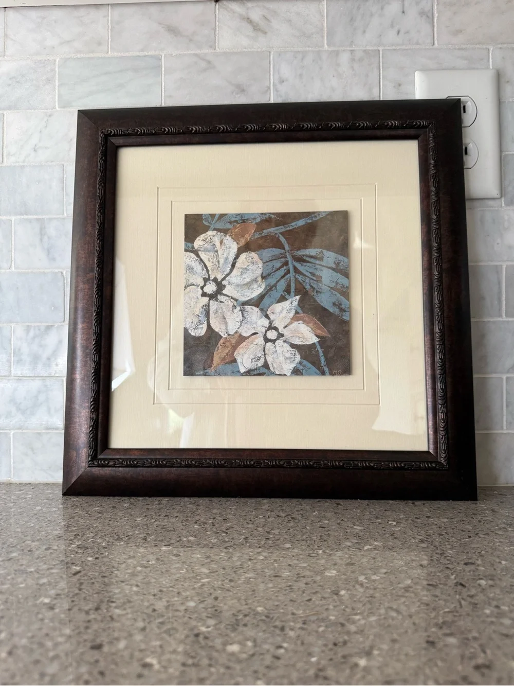 Set of Brown Ornate Frame with Cream Mat and Floral Art